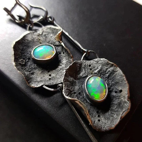 Opal Stone Oxidized Silver Drop Earrings