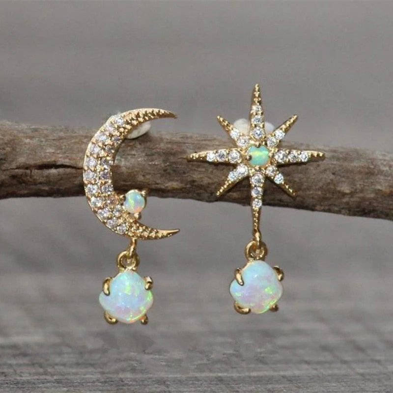 Gold Plated Opal Moon Star Dangle Earrings