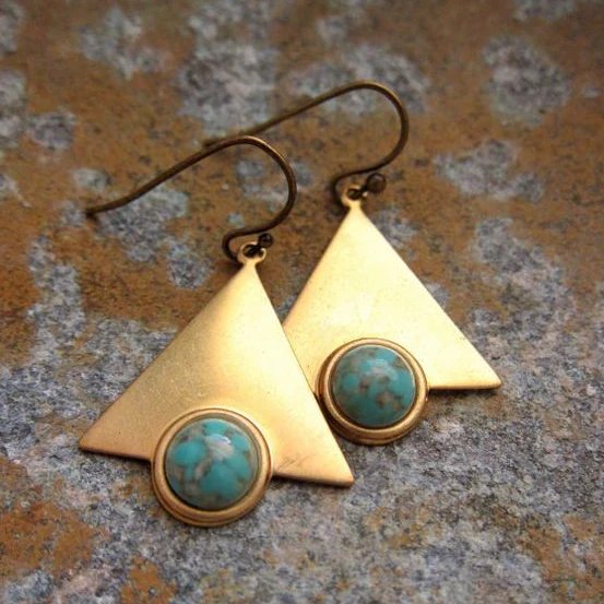 Triangular Gold-Plated Turquoise Stone Drop Earrings