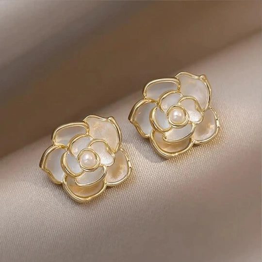 Gold-Plated Floral Pearl Stud Earrings