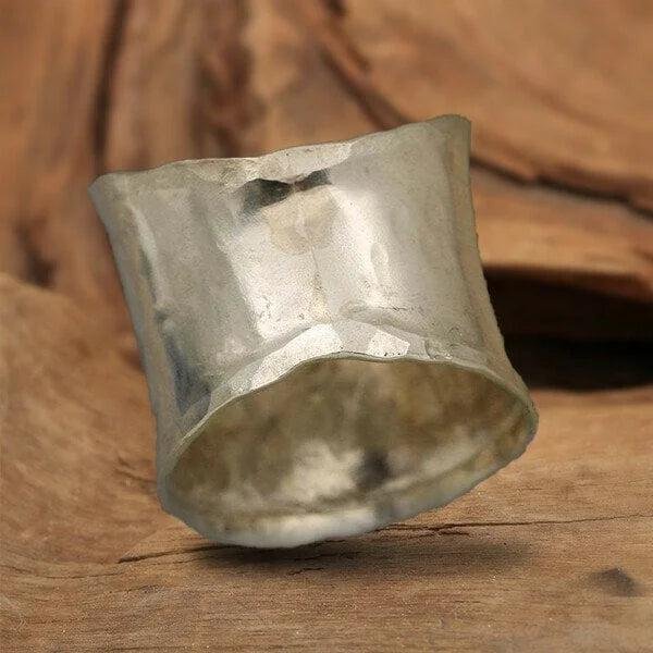 Hammered Silver Daisy Wide Band Ring