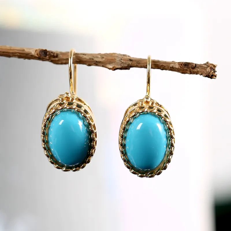 Oval Stone Drop Earrings with Rope Edge Setting