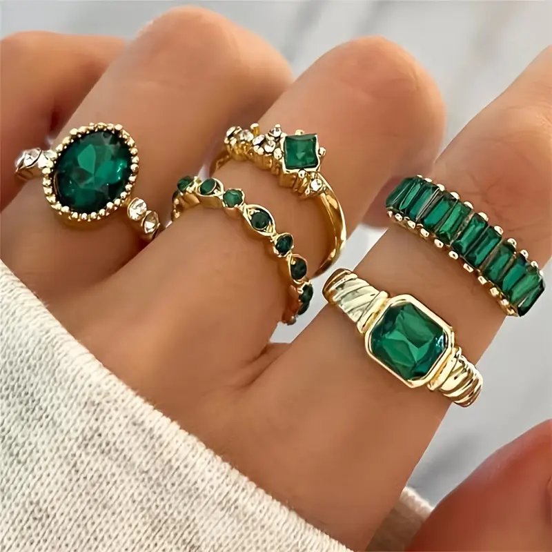 Gold-Plated Emerald Stone Ring Set