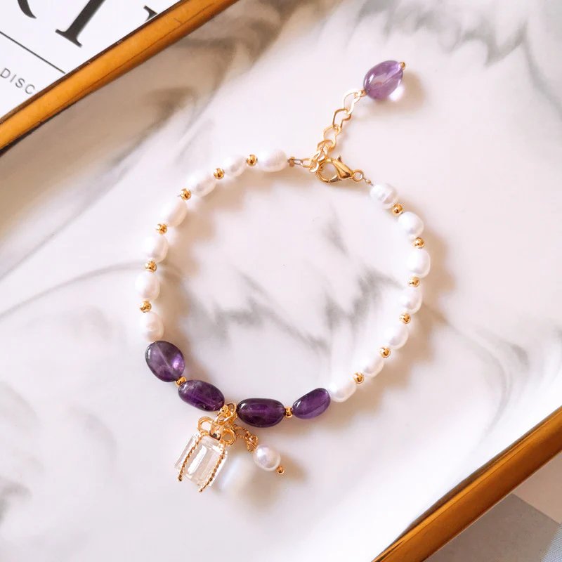 Gold-Plated Amethyst Pearl Charm Bracelet