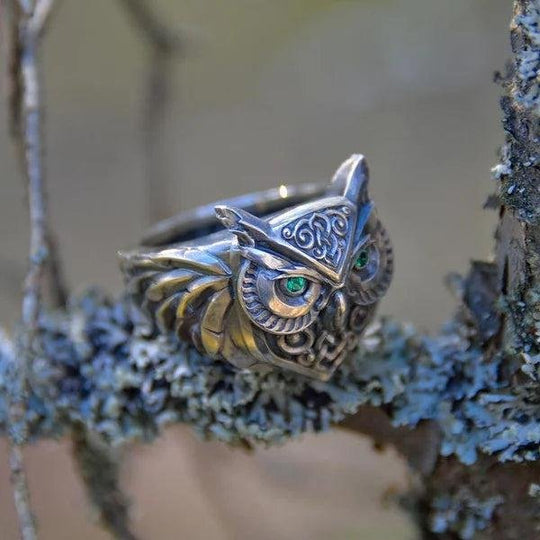 Sterling Silver Emerald Eye Owl Ring