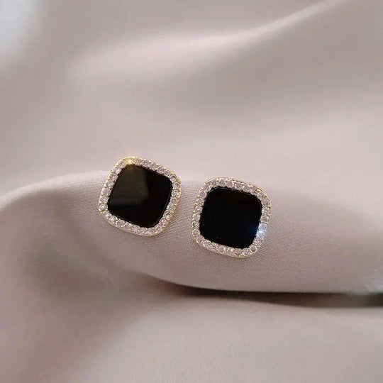 Diamond Halo Onyx Square Stud Earrings