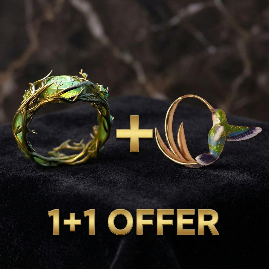 Enamel Hummingbird Hoops &amp; Leaf Ring Set