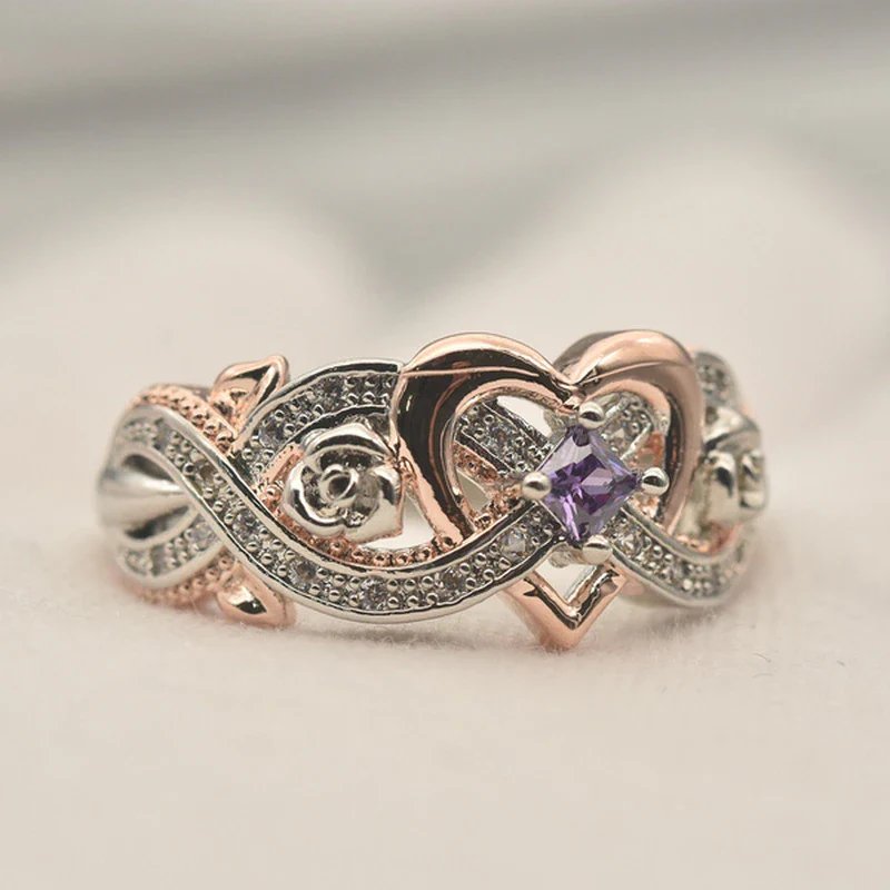 Two-Tone Heart Ring with Purple Stone