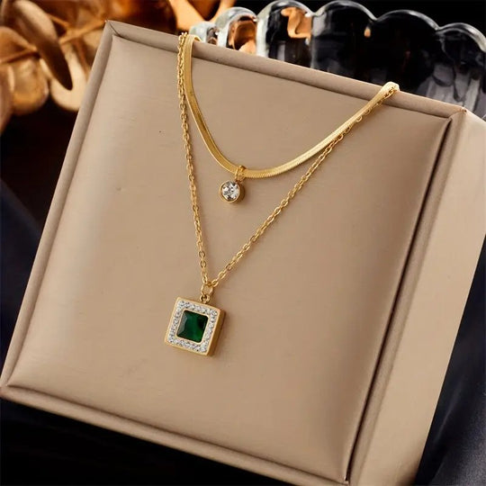 Layered Chain Square Pendant Necklace