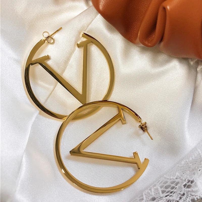 Polished Letter V Hoop Earrings