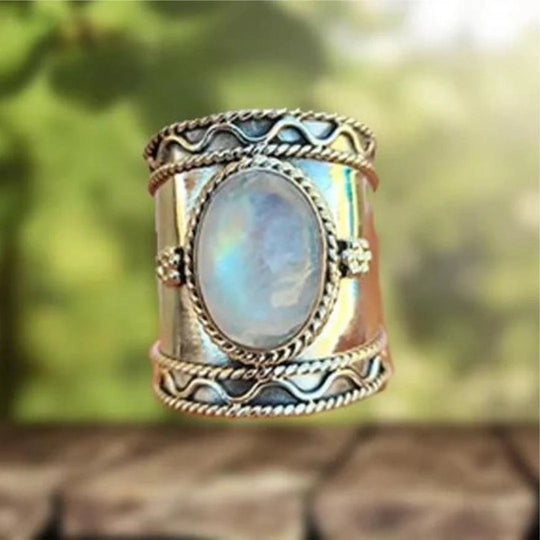 Rope-Detailed Sterling Silver Moonstone Ring