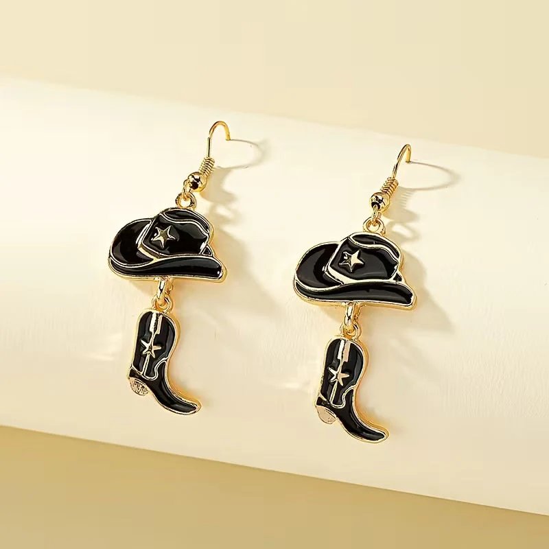 Gold-Toned Western Hat Boot Dangle Earrings