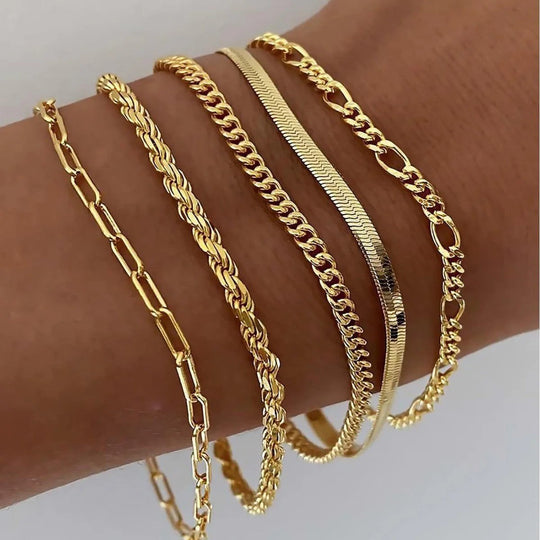 Mixed Chain Link Gold Bracelet Set