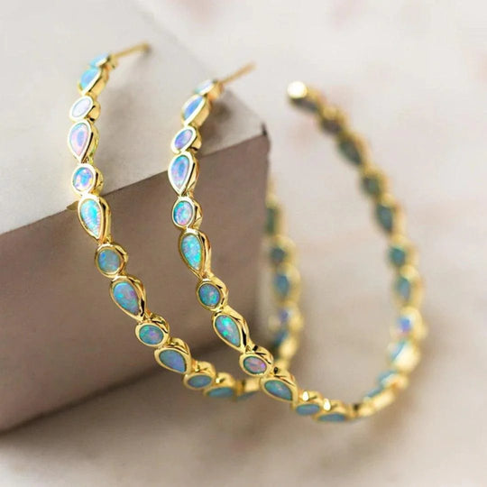 18K Gold Bezel Set Opal Hoop Earrings