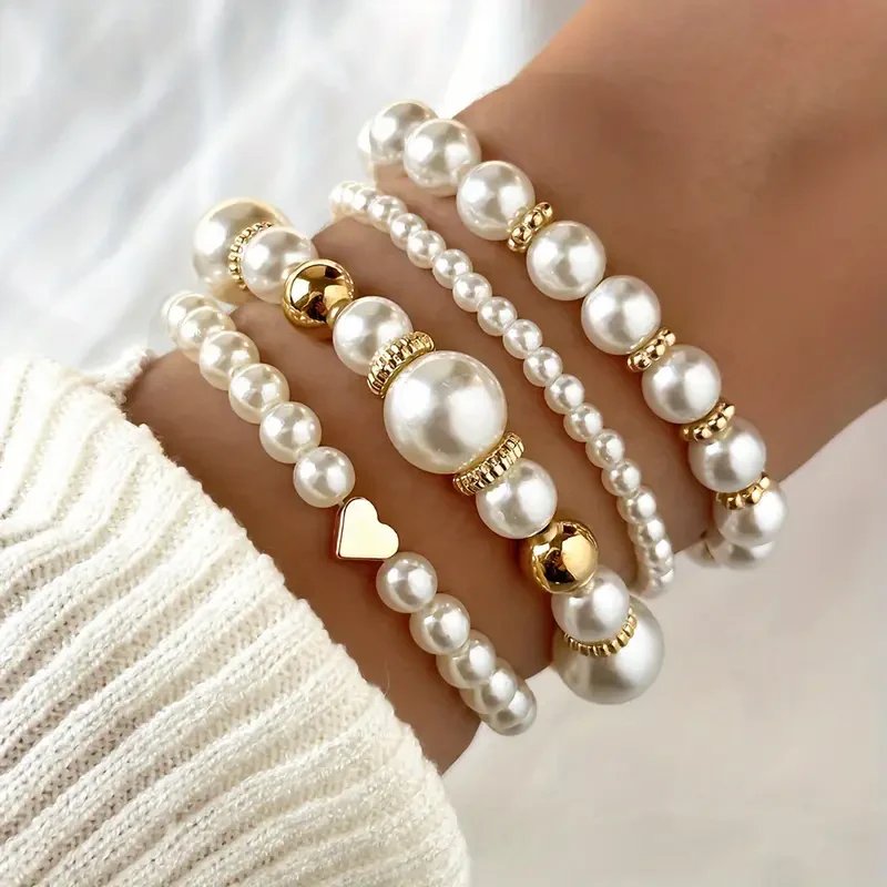 Layered Pearl Gold Accent Bracelet Set