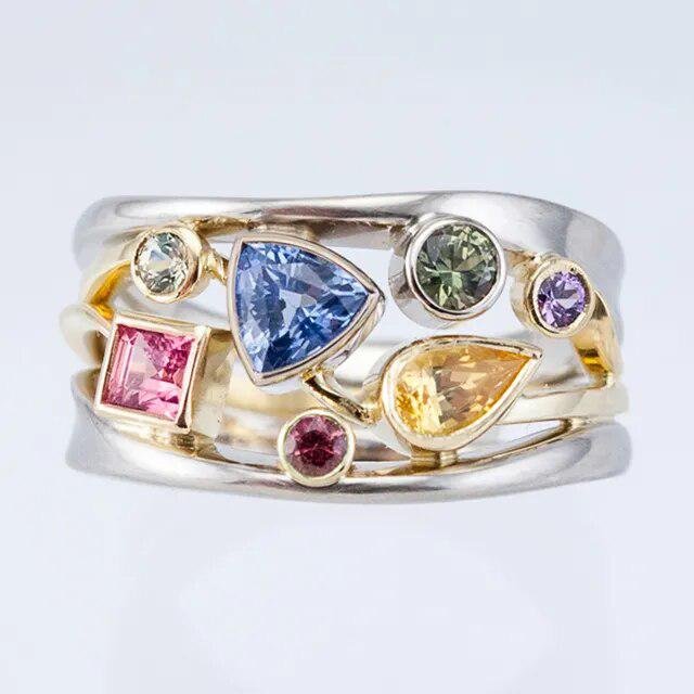 Multi-Stone Geometric Sterling Silver Ring