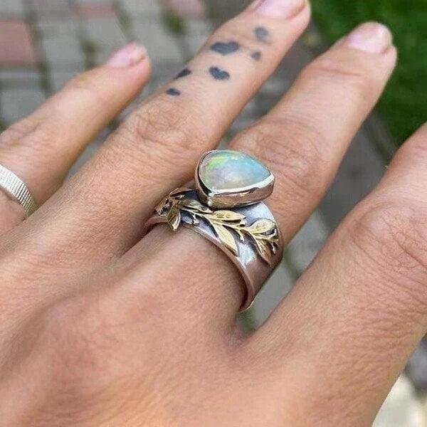 Teardrop Opal Sterling Silver Leaf Ring