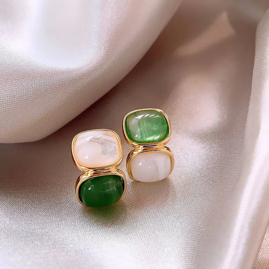 Gold-Plated Cabochon Stone Statement Earrings