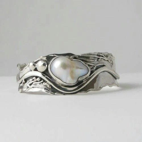 Silver Pearl Inlay Wavy Band Ring