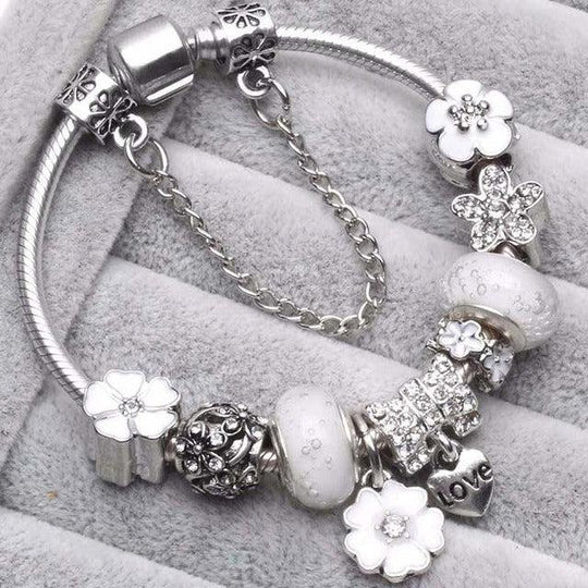 Vintage Silver Charm Bracelet with Crystals