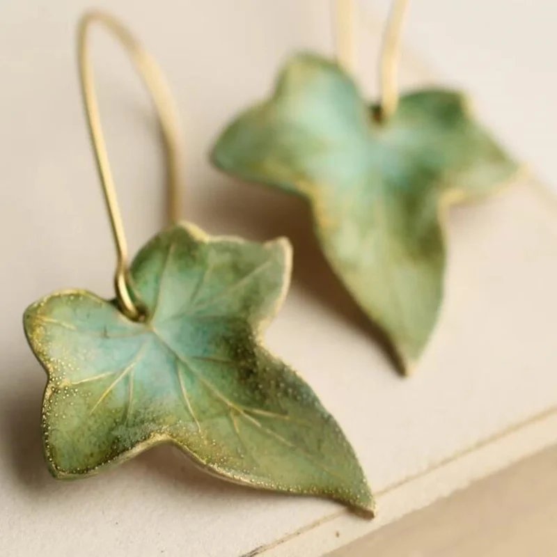 Leaf-Shaped Gold Wire Drop Earrings