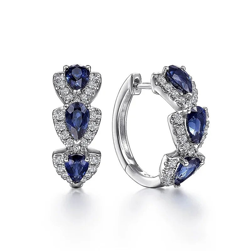 Sterling Silver Pear-Cut Sapphire Diamond Halo Hoop Earrings