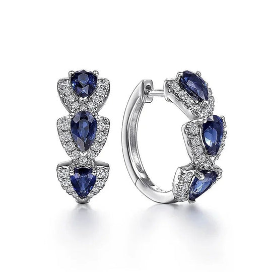 Sterling Silver Pear-Cut Sapphire Diamond Halo Hoop Earrings
