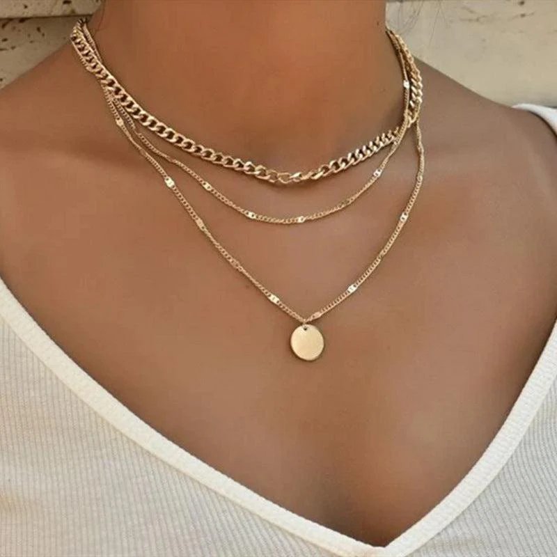 Layered Chain Disc Pendant Necklace
