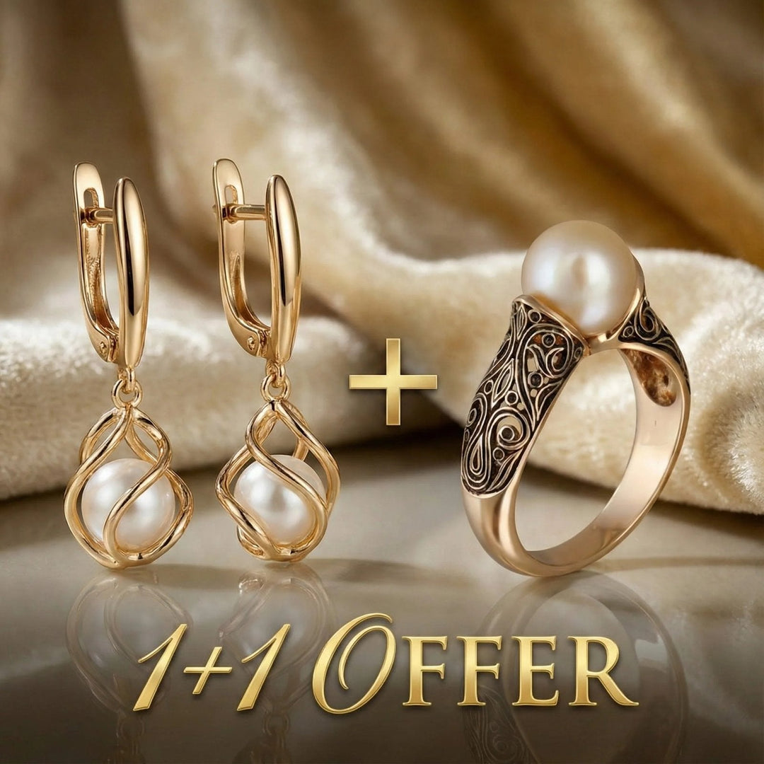 Gold Pearl Spiral Drop Earring Ring Set
