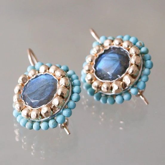 Vintage Gold Beaded Oval Stone Drop Earrings