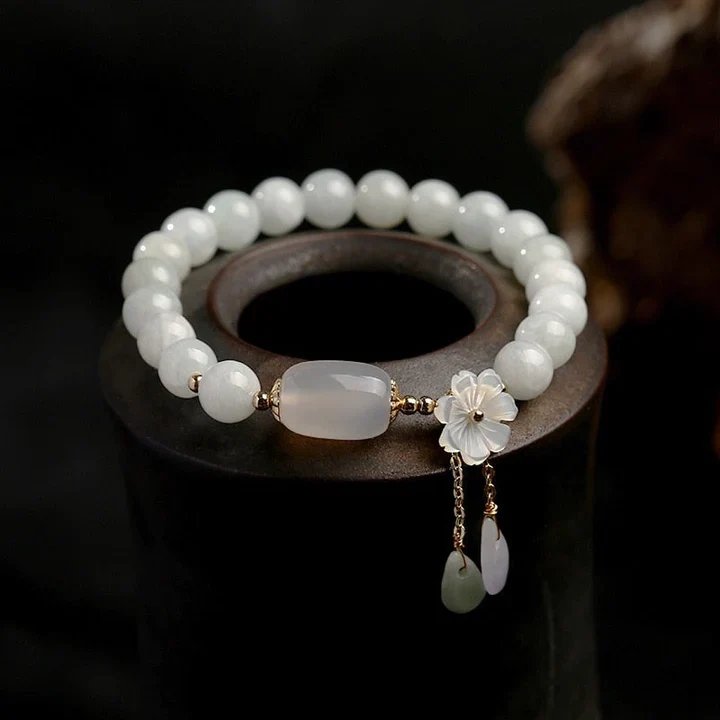 White Beaded Bracelet with Flower Charm