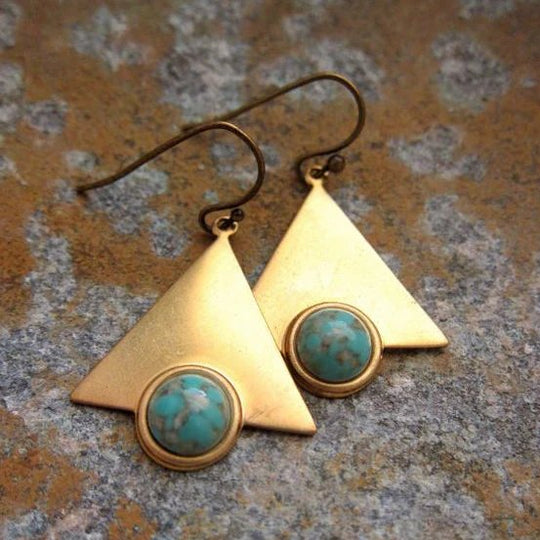 Triangular Brass Turquoise Stone Drop Earrings