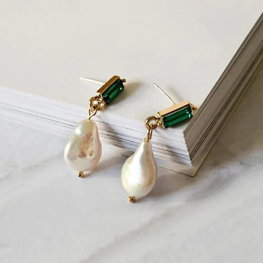 Gold-Plated Pearl Drop Earrings with Emerald Studs