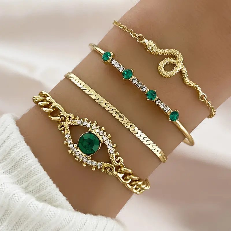 Gold-Plated Emerald Chain Bracelet Set