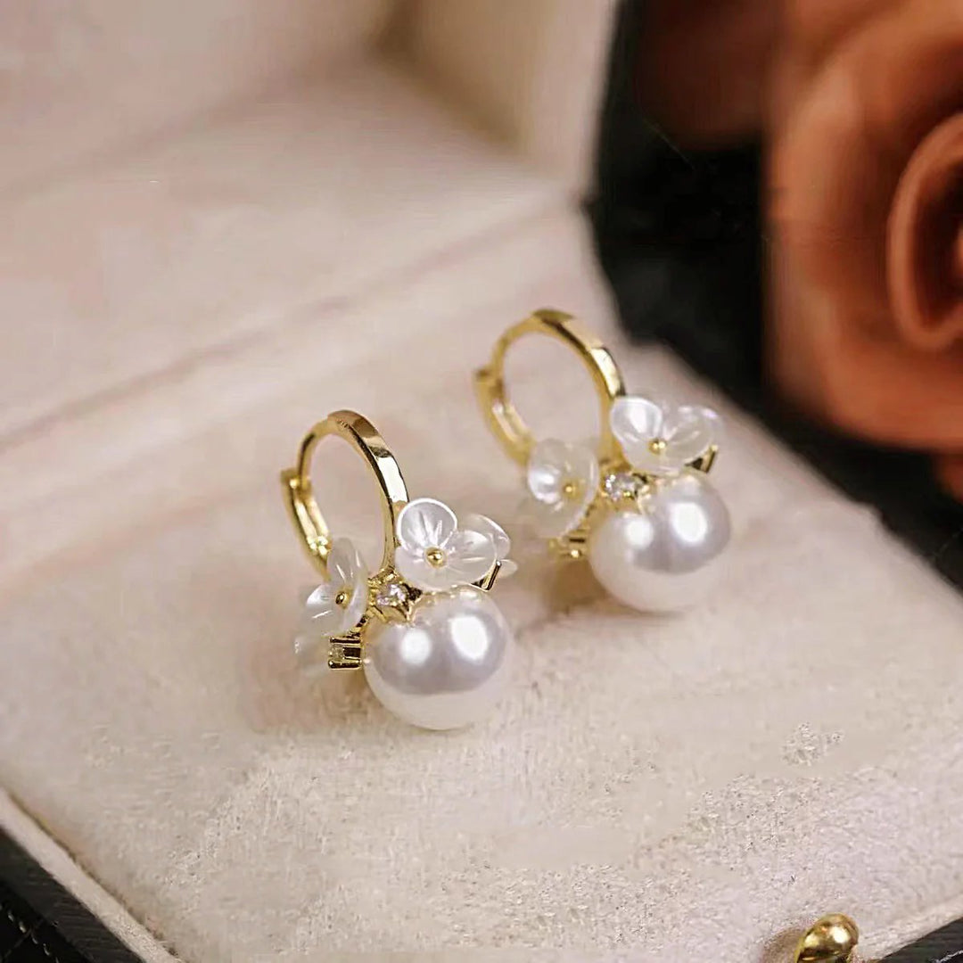 Leverback Pearl Drop Flower Earrings