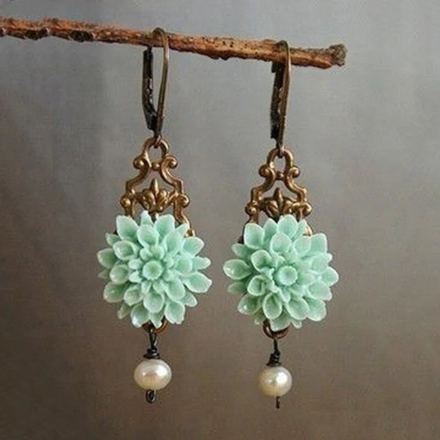 Vintage Filigree Resin Flower Pearl Drop Earrings