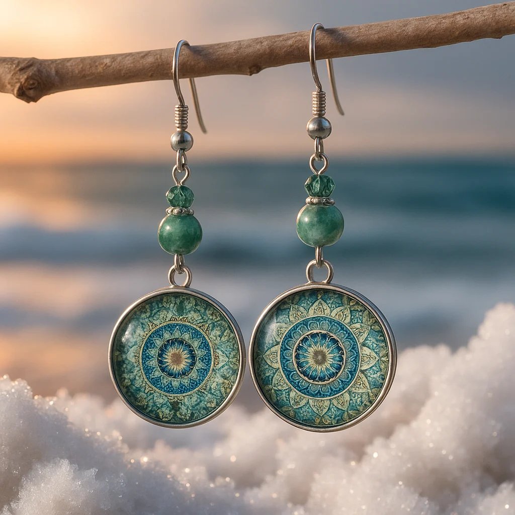 Mandala Print Dangle Earrings with Natural Stone Beads