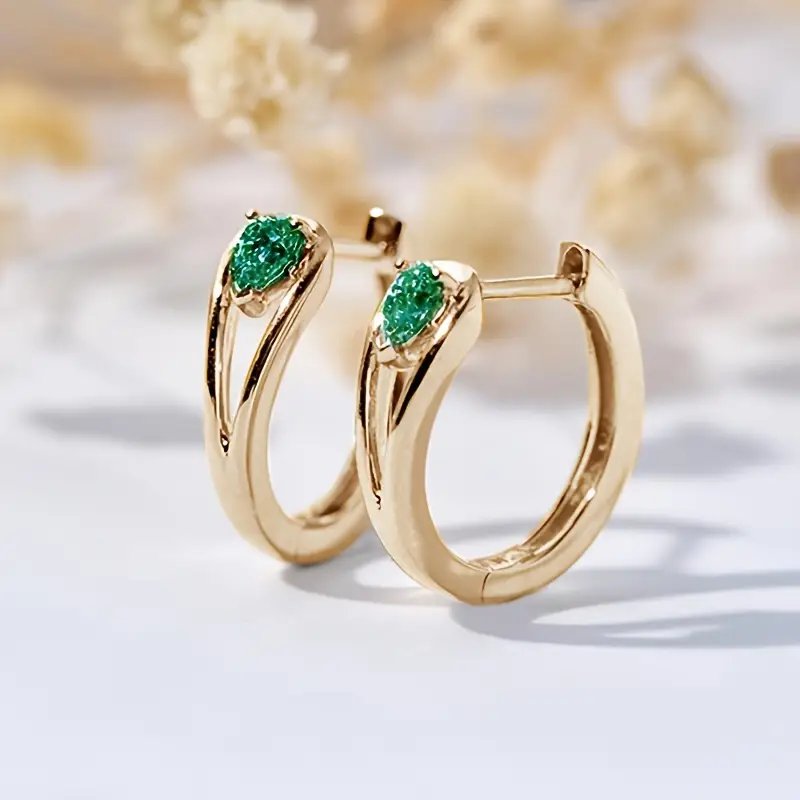18K Gold Emerald Hoop Earrings