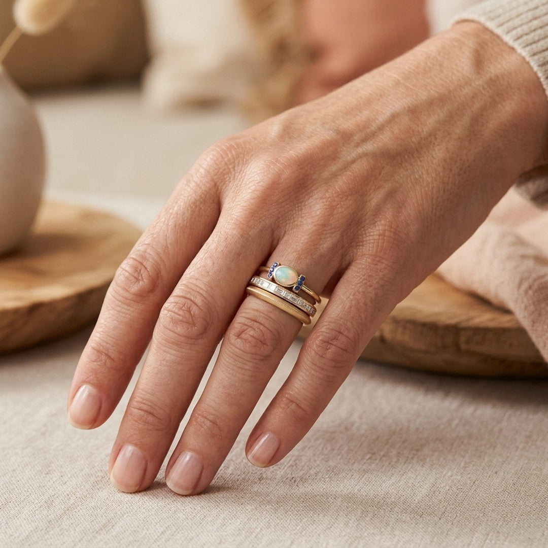 Gold Stackable Bezel Opal Ring Set