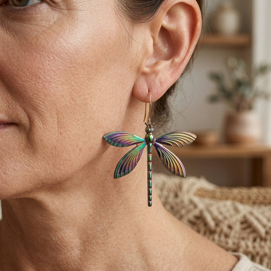 Rainbow Iridescent Dragonfly Drop Earrings