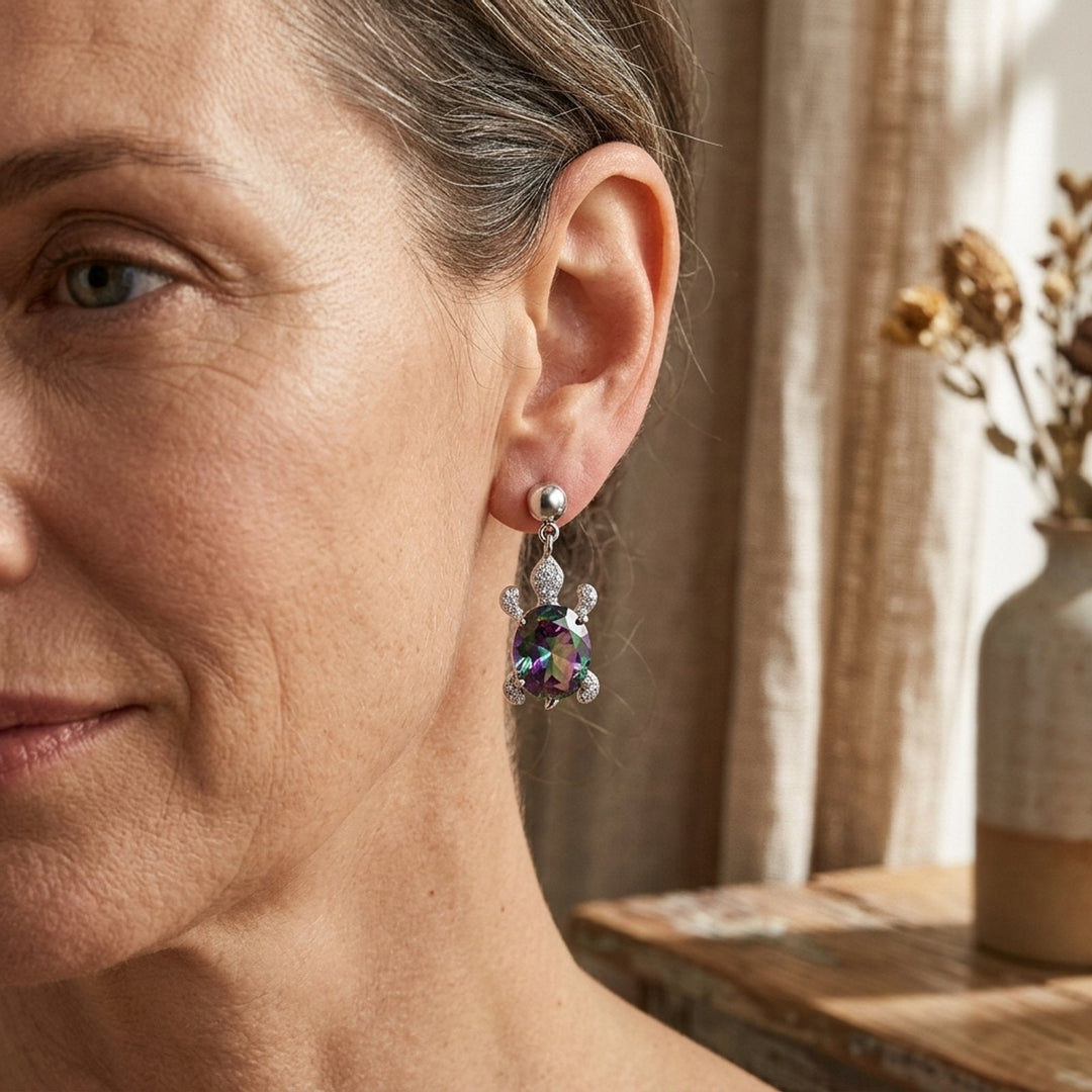 Sterling Silver Turtle Drop Earrings with Rainbow Zirconia