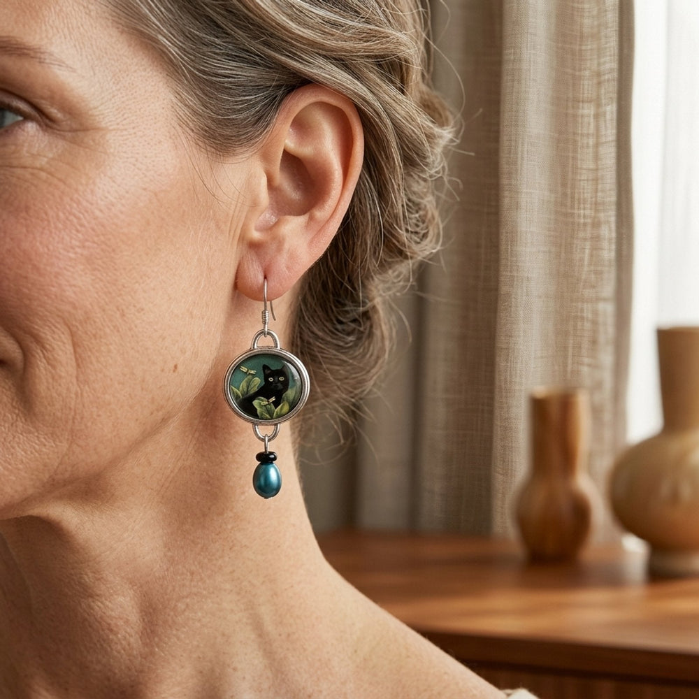 Silver Drop Earrings with Cat Art