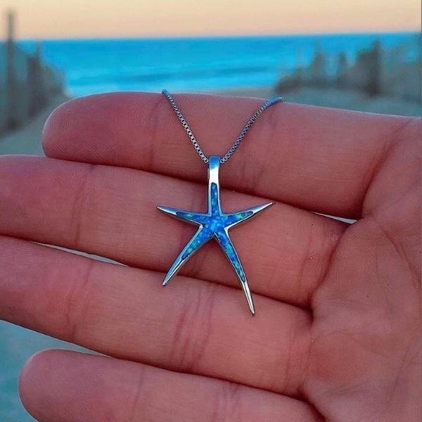 Sterling Silver Opal Starfish Pendant Necklace