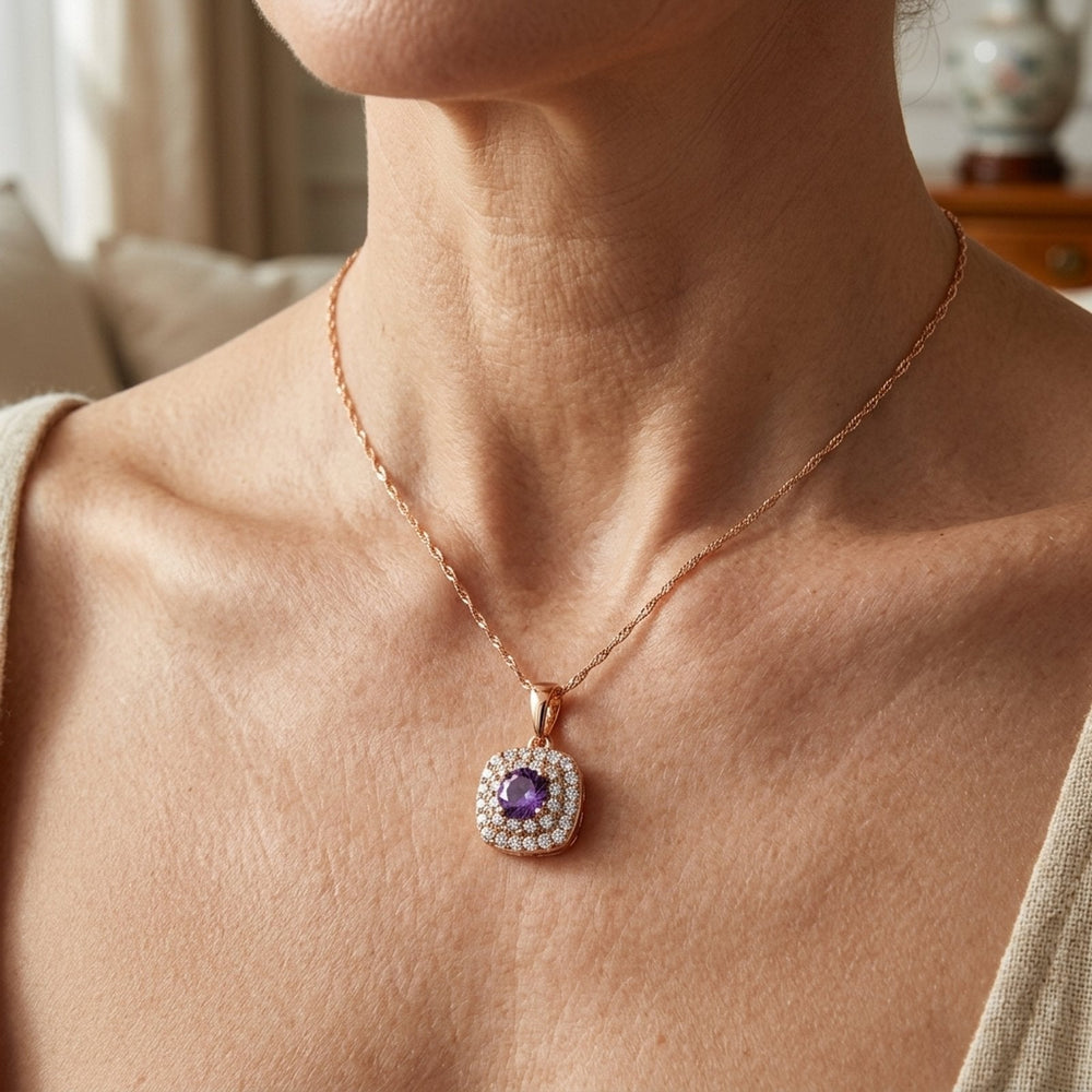 Cushion-Cut Amethyst Halo Gold Pendant Necklace