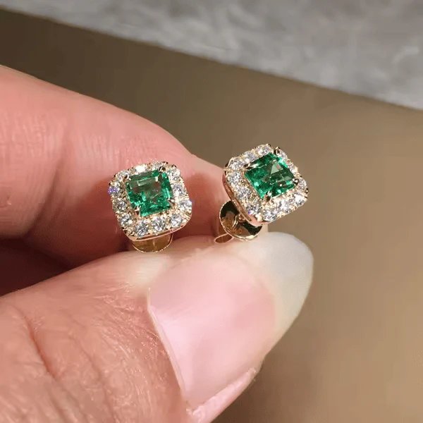 Emerald Cut Halo Diamond Stud Earrings