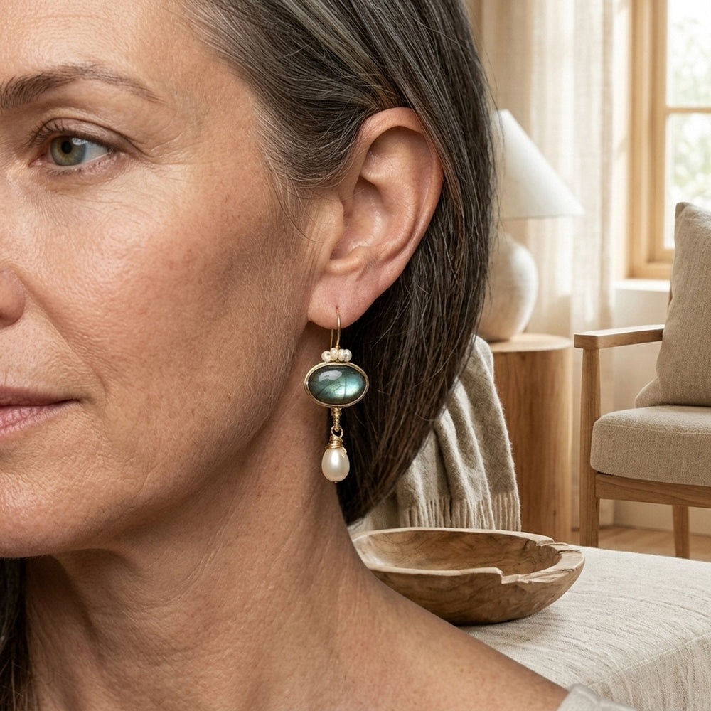 Gold-Plated Labradorite Pearl Drop Earrings