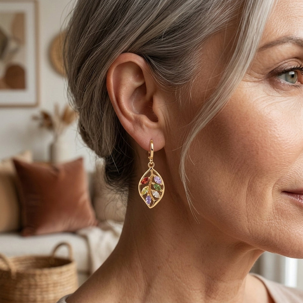 Gold-Plated Multi-Gemstone Leaf Drop Earrings
