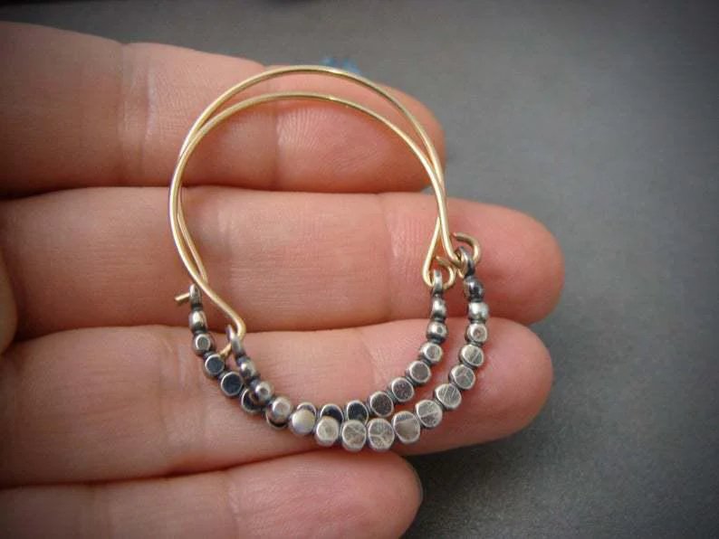 Faceted Silver Bead Gold Wire Hoop Earrings