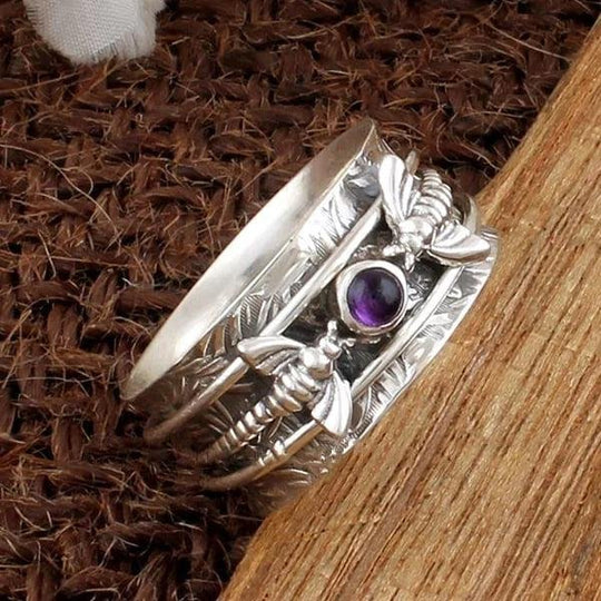 Sterling Silver Amethyst Feather Spinner Ring