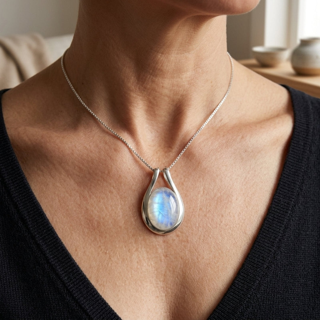 Teardrop Moonstone Silver Chain Pendant Necklace